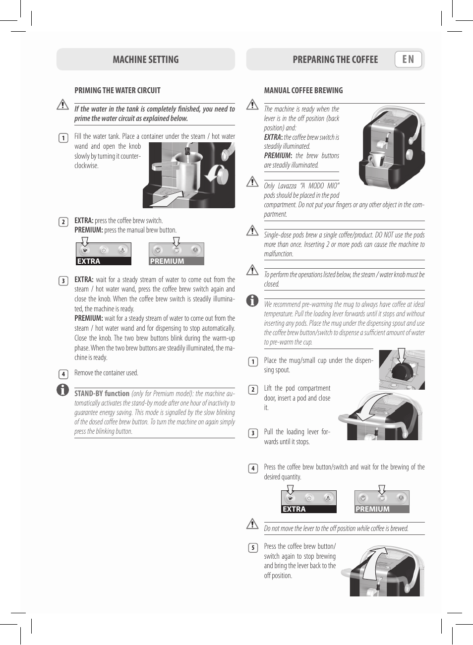 Machine setting preparing the coffee | Philips Saeco Lavazza A Modo Mio Extra en rojo User Manual | Page 13 / 92