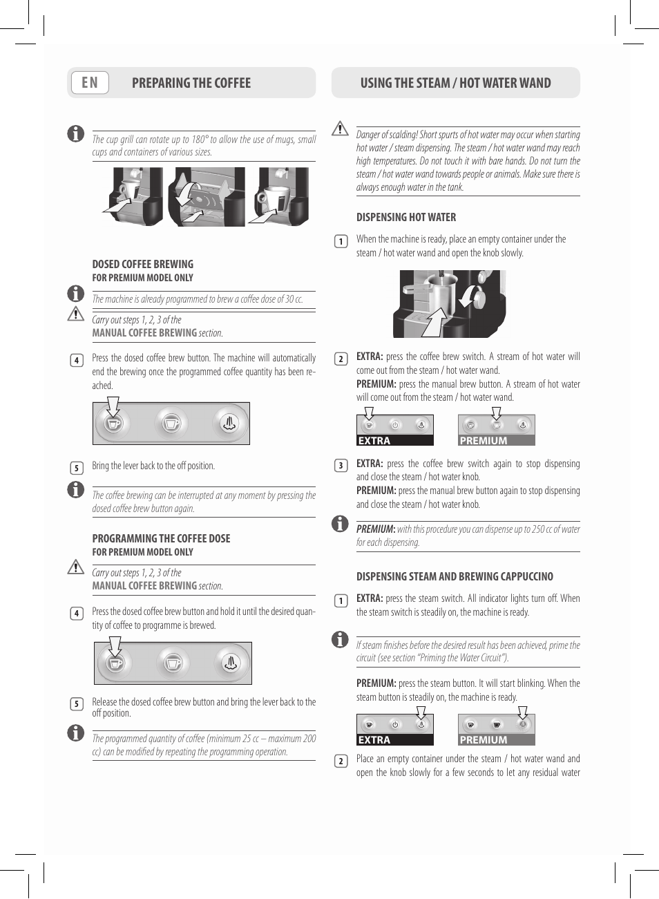 Using the steam / hot water wand, Preparing the coffee | Philips Saeco Lavazza A Modo Mio Extra en rojo User Manual | Page 14 / 92