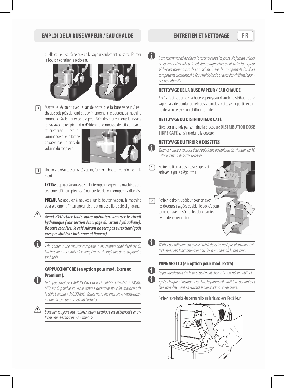 Emploi de la buse vapeur / eau chaude, Entretien et nettoyage | Philips Saeco Lavazza A Modo Mio Extra en rojo User Manual | Page 23 / 92