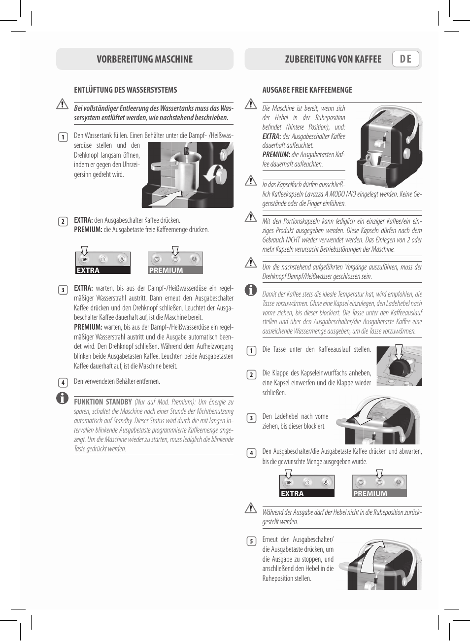 Vorbereitung maschine zubereitung von kaffee | Philips Saeco Lavazza A Modo Mio Extra en rojo User Manual | Page 29 / 92