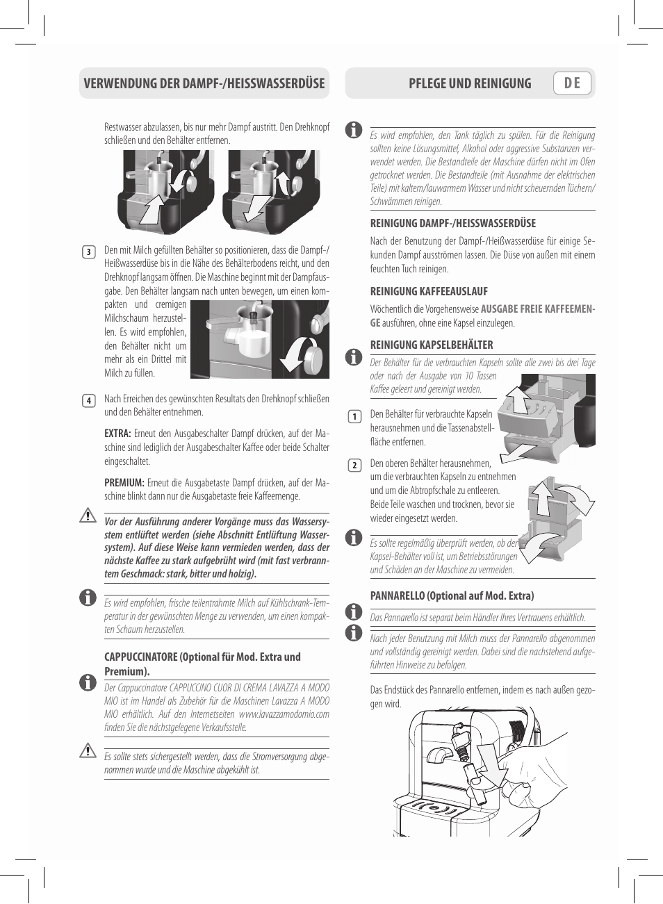 Verwendung der dampf-/heisswasserdüse, Pflege und reinigung | Philips Saeco Lavazza A Modo Mio Extra en rojo User Manual | Page 31 / 92