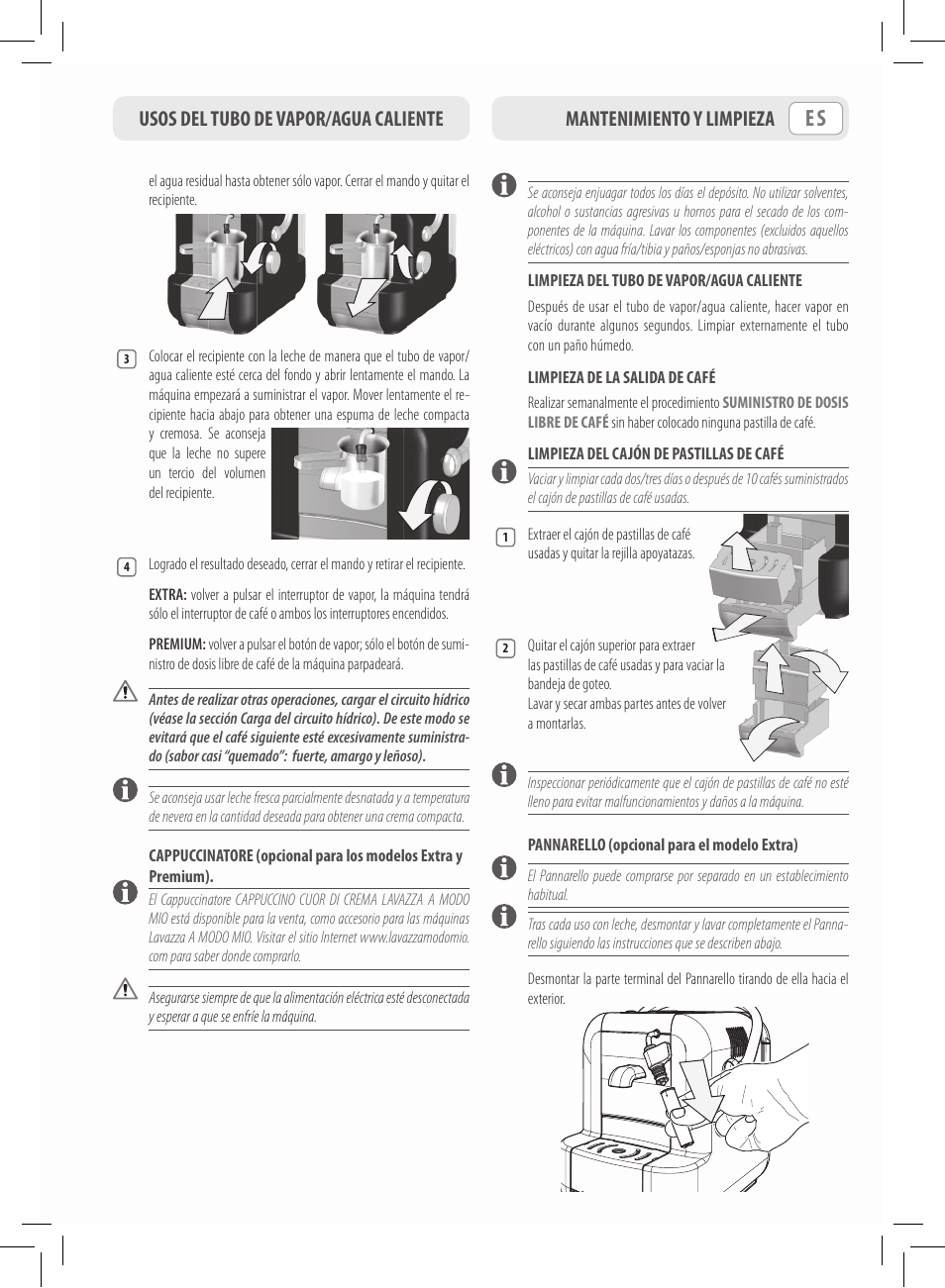 Usos del tubo de vapor/agua caliente, Mantenimiento y limpieza | Philips Saeco Lavazza A Modo Mio Extra en rojo User Manual | Page 39 / 92