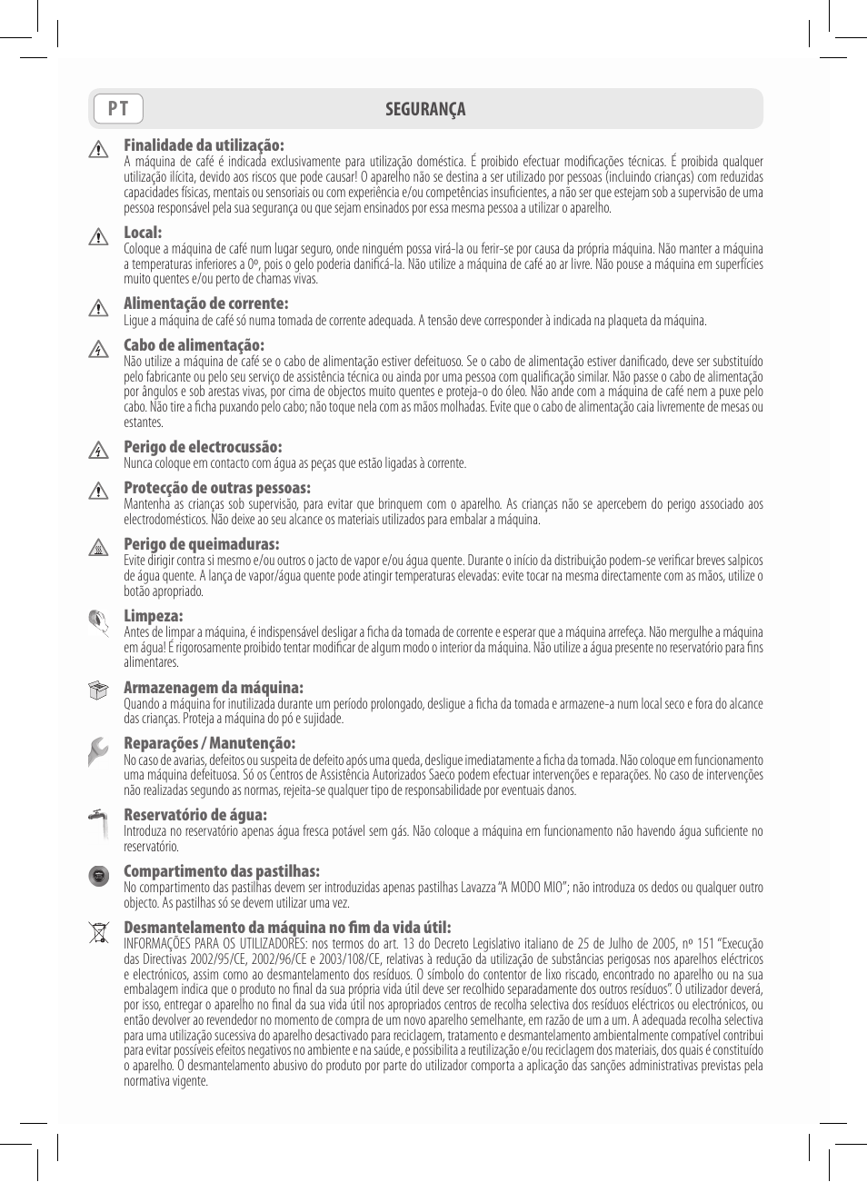 Segurança | Philips Saeco Lavazza A Modo Mio Extra en rojo User Manual | Page 50 / 92