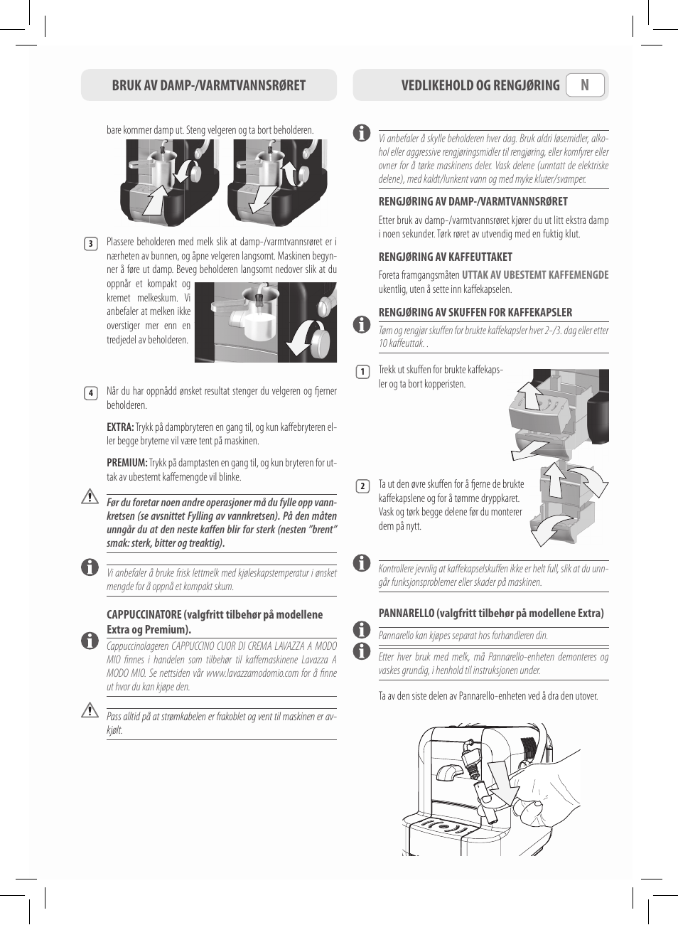 Bruk av damp-/varmtvannsrøret, Vedlikehold og rengjøring | Philips Saeco Lavazza A Modo Mio Extra en rojo User Manual | Page 71 / 92