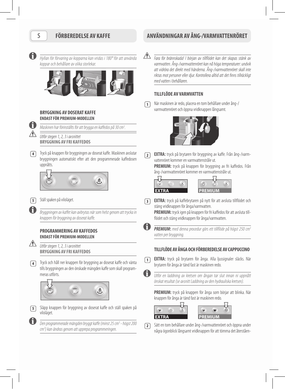 Användningar av ång-/varmvattenröret, Förberedelse av kaffe | Philips Saeco Lavazza A Modo Mio Extra en rojo User Manual | Page 78 / 92