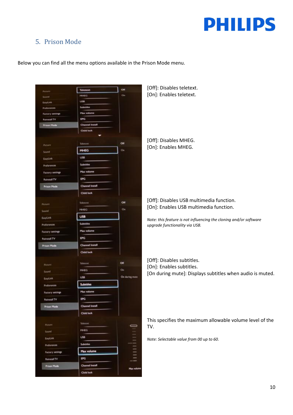 Prison mode | Philips Televisor LCD profesional User Manual | Page 10 / 11