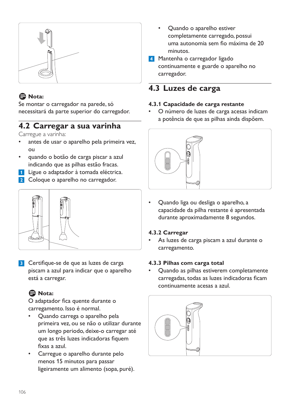 2 carregar a sua varinha, 3 luzes de carga, 1 capacidade de carga restante | 2 carregar | Philips Aluminium Collection Batidora de mano User Manual | Page 106 / 156