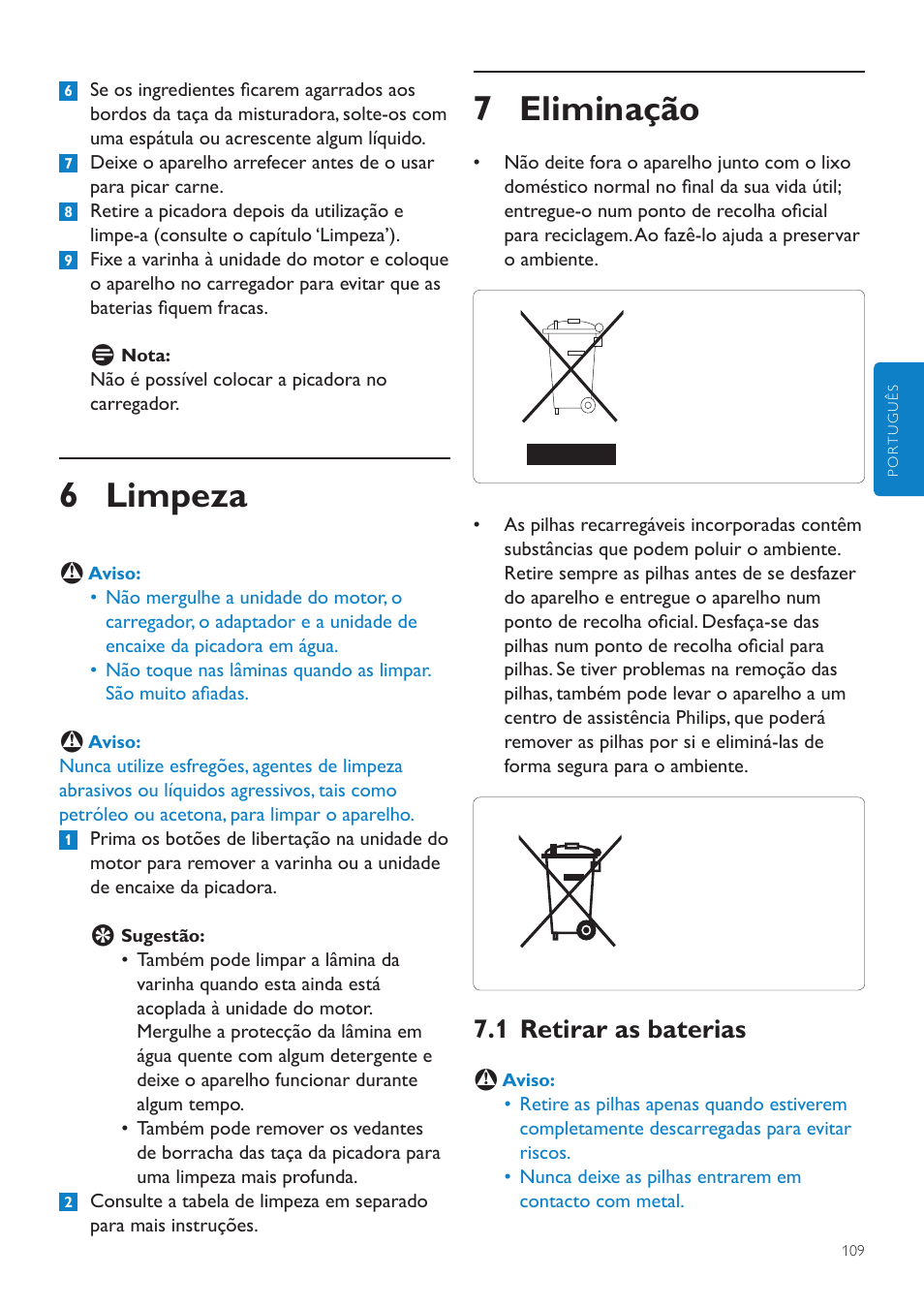 6 limpeza, 7 eliminação, 1 retirar as baterias | Philips Aluminium Collection Batidora de mano User Manual | Page 109 / 156