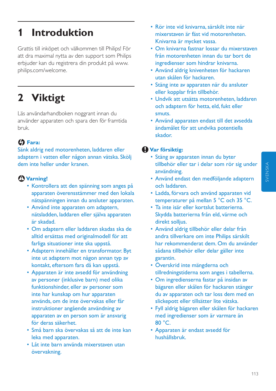 Svenska, 1 introduktion, 2 viktigt | Philips Aluminium Collection Batidora de mano User Manual | Page 113 / 156