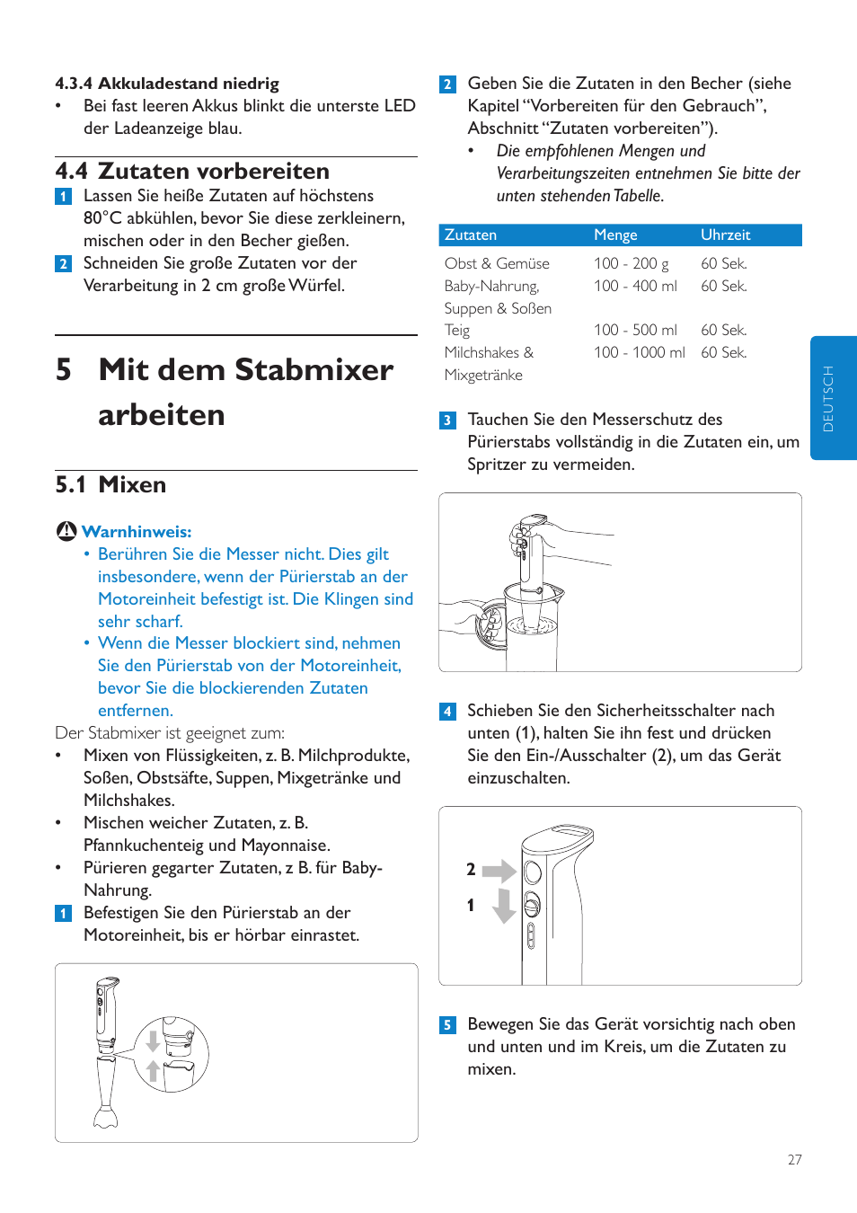 4 akkuladestand niedrig, 4 zutaten vorbereiten, 5 mit dem stabmixer arbeiten | 1 mixen | Philips Aluminium Collection Batidora de mano User Manual | Page 27 / 156