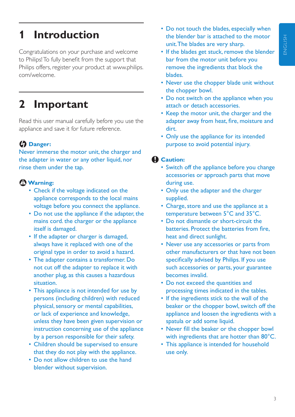 English, 1 introduction, 2 important | Philips Aluminium Collection Batidora de mano User Manual | Page 3 / 156