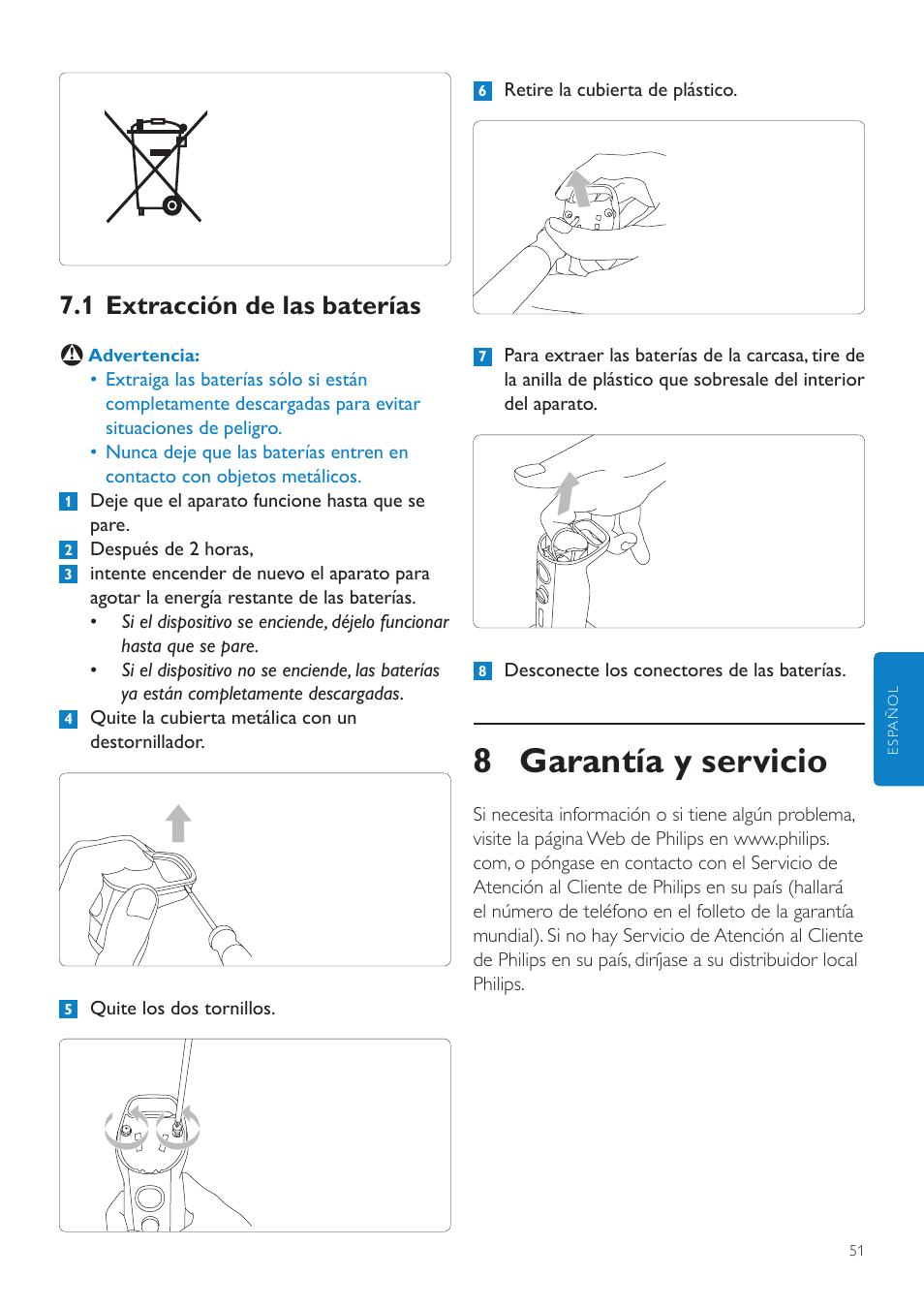 1 extracción de las baterías, 8 garantía y servicio | Philips Aluminium Collection Batidora de mano User Manual | Page 51 / 156