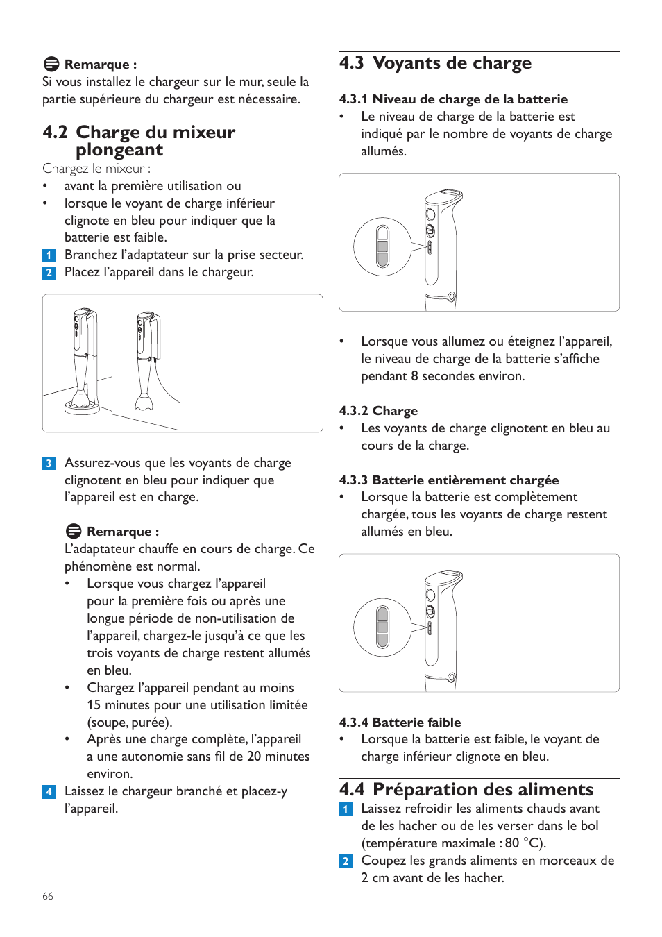 2 charge du mixeur plongeant, 3 voyants de charge, 1 niveau de charge de la batterie | 2 charge, 4 préparation des aliments | Philips Aluminium Collection Batidora de mano User Manual | Page 66 / 156