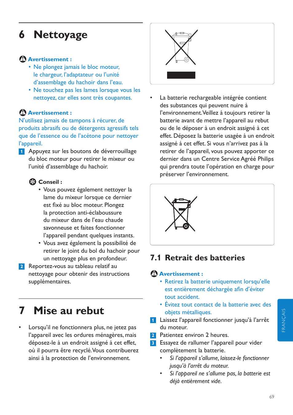 6 nettoyage, 7 mise au rebut, 1 retrait des batteries | Philips Aluminium Collection Batidora de mano User Manual | Page 69 / 156