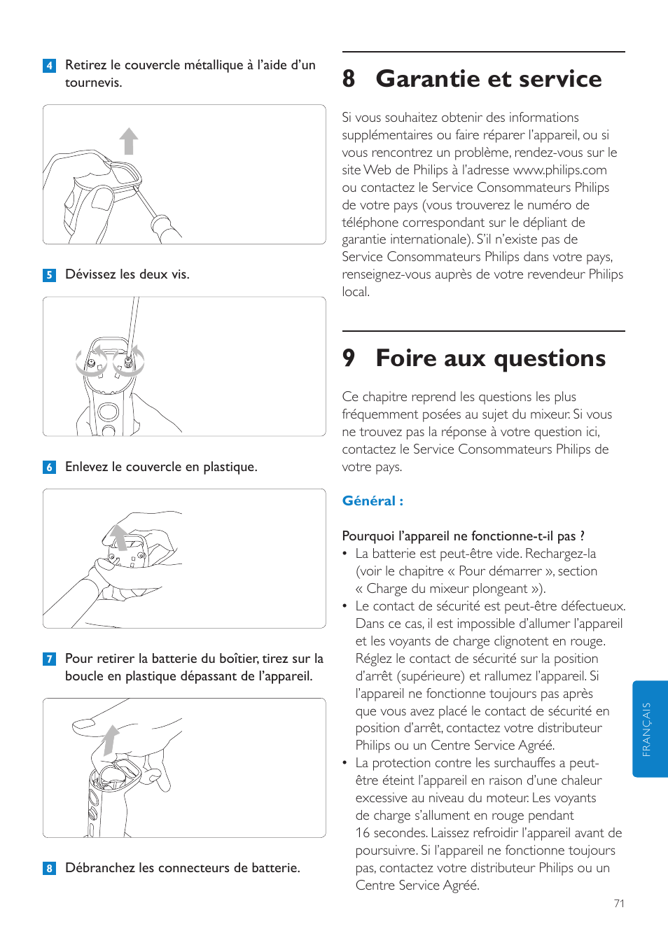 1 retrait des batteries, 8 garantie et service, 9 foire aux questions | Philips Aluminium Collection Batidora de mano User Manual | Page 71 / 156