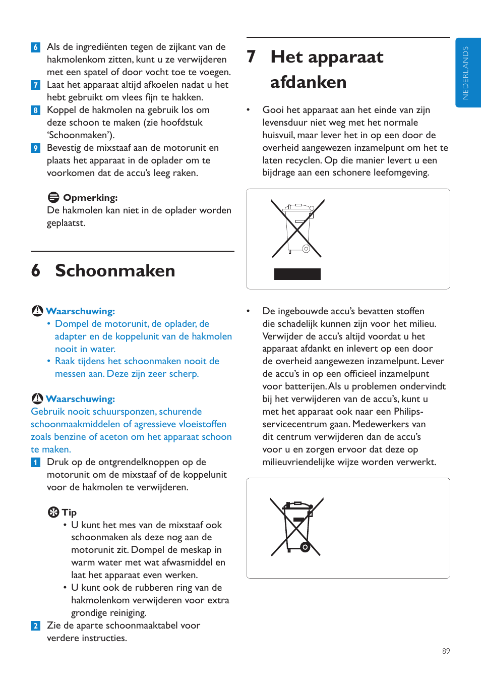 6 schoonmaken, 7 het apparaat afdanken | Philips Aluminium Collection Batidora de mano User Manual | Page 89 / 156