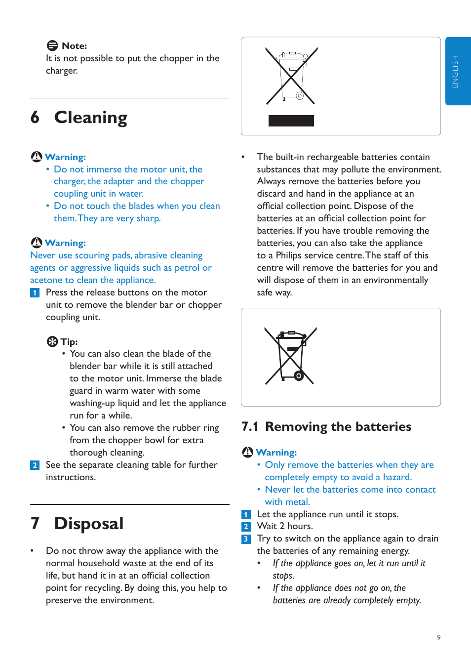 6 cleaning, 7 disposal, 1 removing the batteries | Philips Aluminium Collection Batidora de mano User Manual | Page 9 / 156