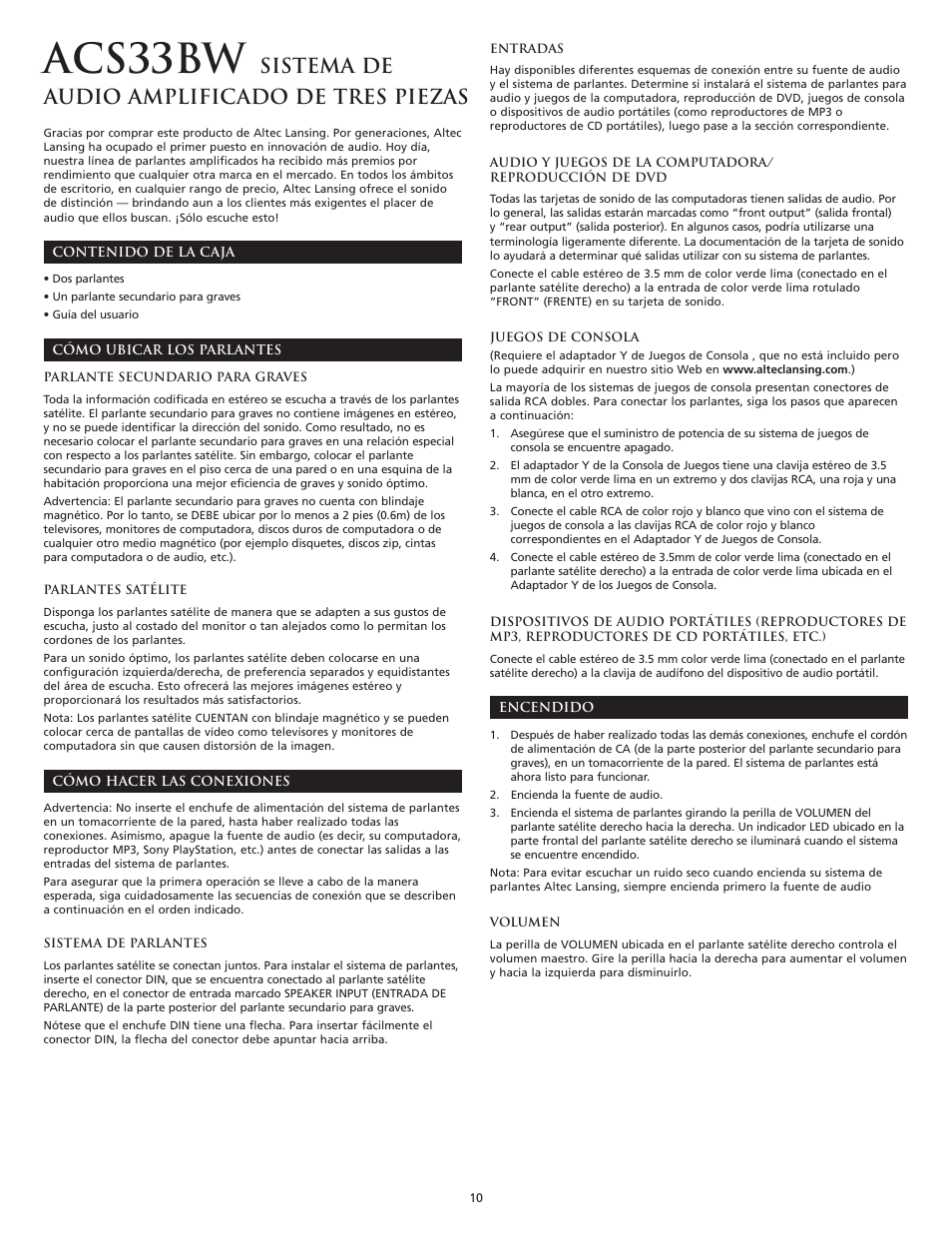 Acs33bw, Sistema de audio amplificado de tres piezas | Altec Lansing ACS33BW User Manual | Page 14 / 18