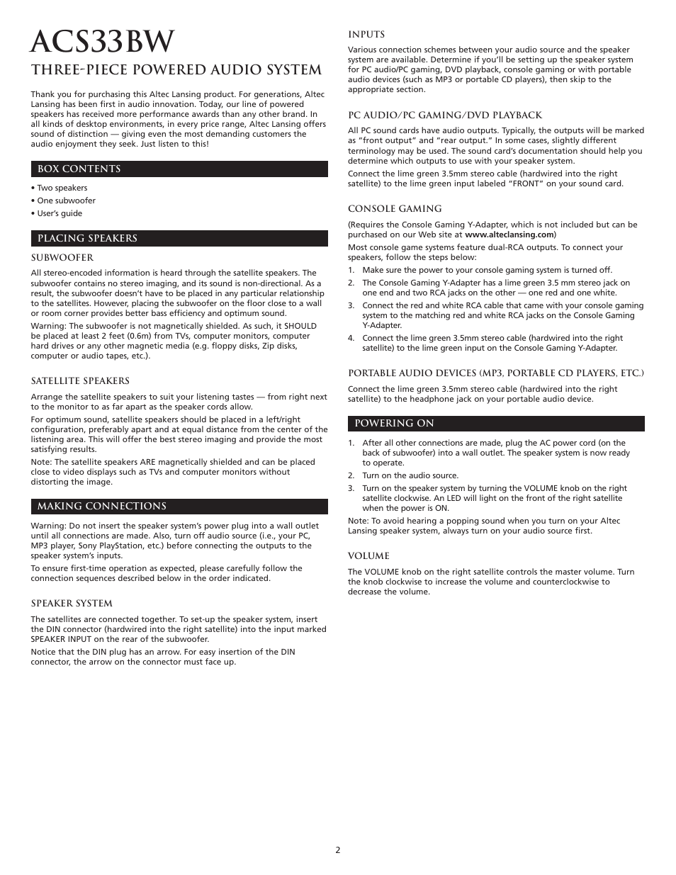 Acs33bw, Three-piece powered audio system | Altec Lansing ACS33BW User Manual | Page 6 / 18