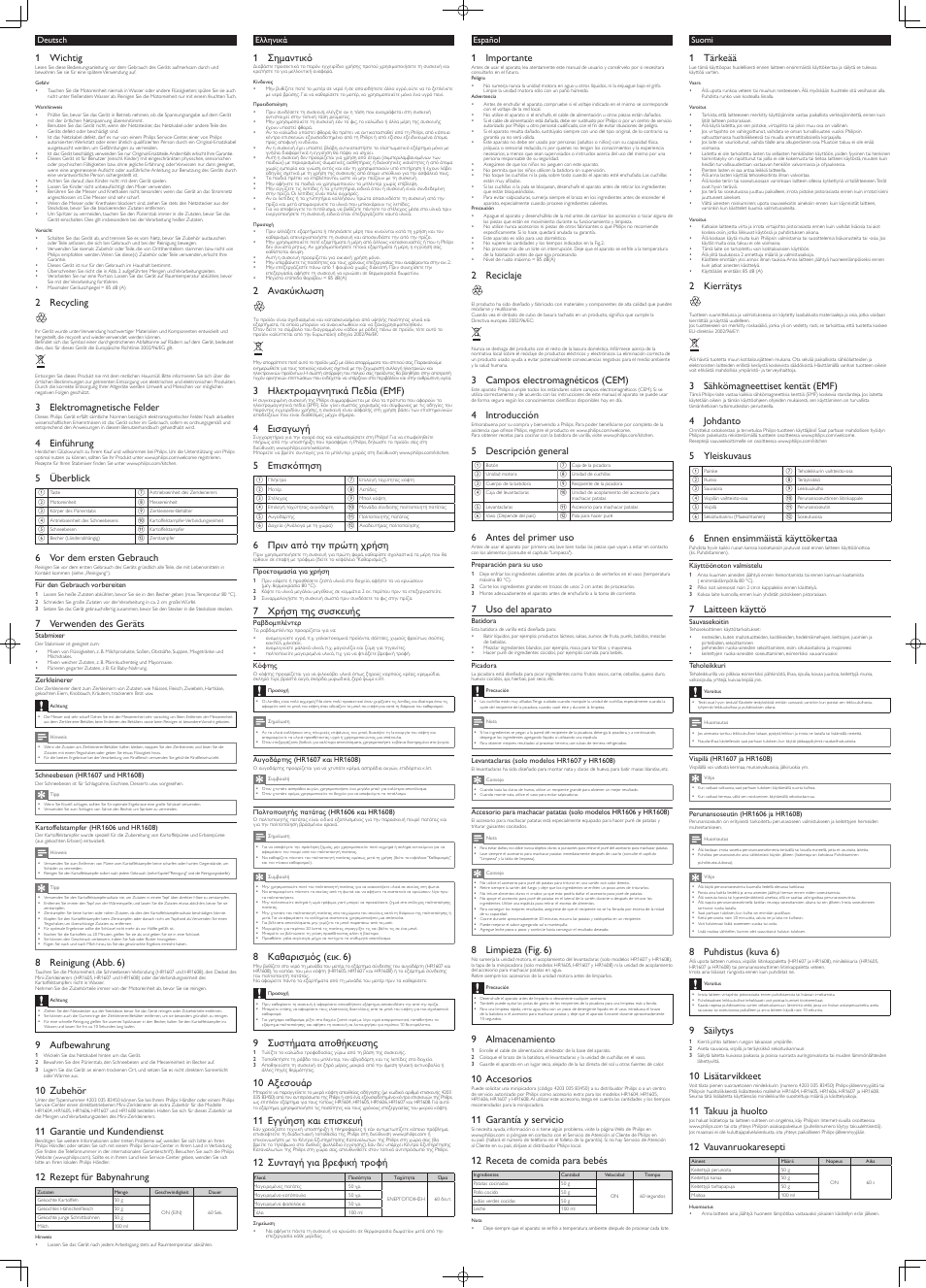 1 wichtig, 2 recycling, 3 elektromagnetische felder | 4 einführung, 5 überblick, 6 vor dem ersten gebrauch, 7 verwenden des geräts, 8 reinigung (abb. 6), 9 aufbewahrung, 10 zubehör | Philips Daily Collection Batidora de mano User Manual | Page 2 / 6