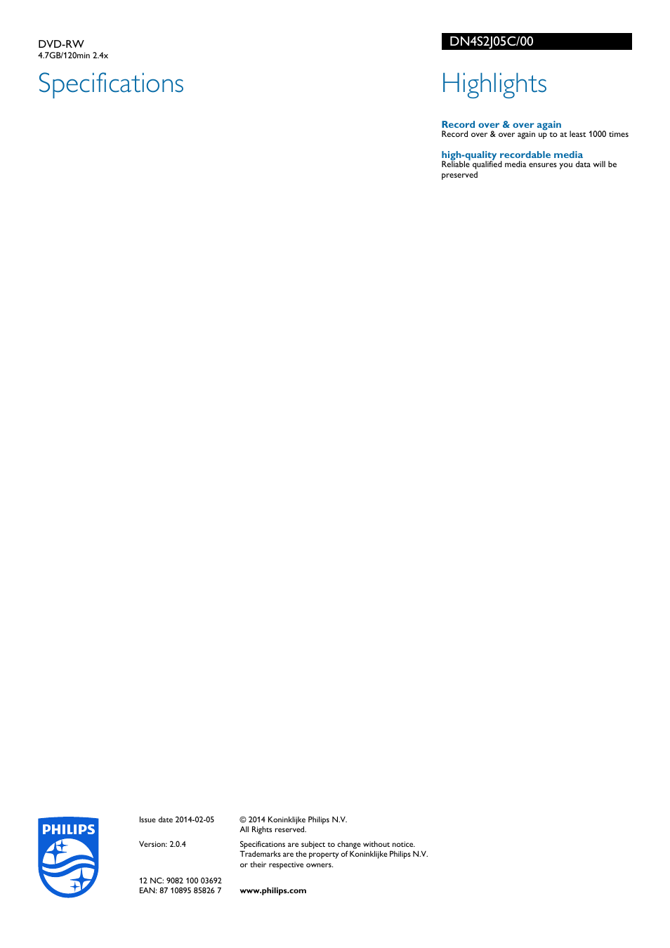 Specifications, Highlights | Philips DVD-RW User Manual | Page 2 / 2