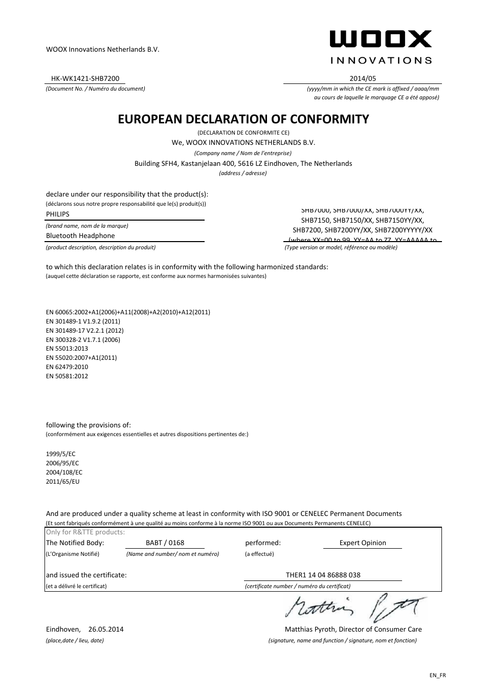 European declaration of conformity | Philips Auriculares estéreo Bluetooth User Manual | Page 2 / 21