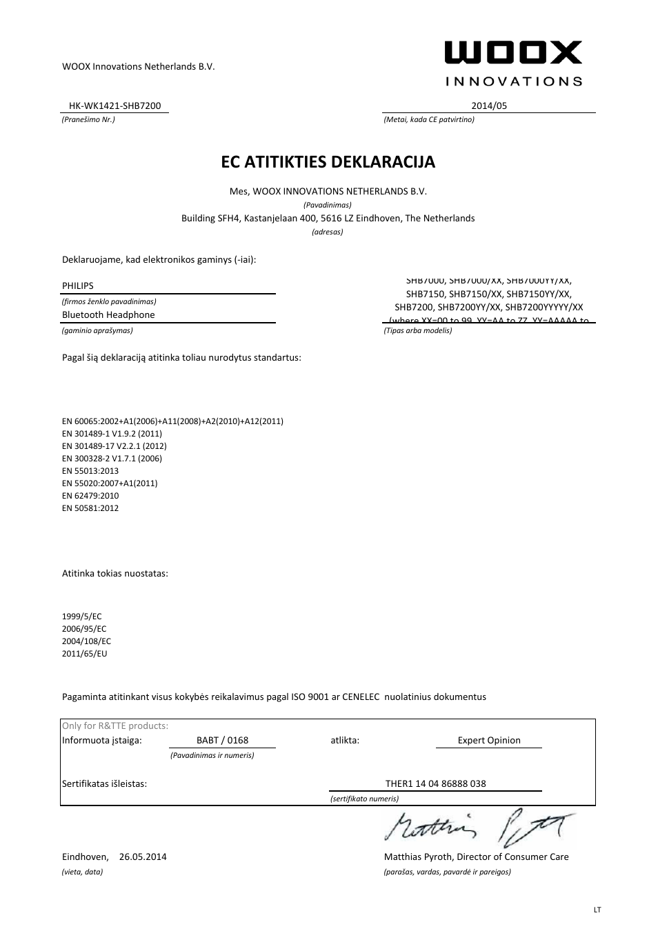 Ec atitikties deklaracija | Philips Auriculares estéreo Bluetooth User Manual | Page 20 / 21