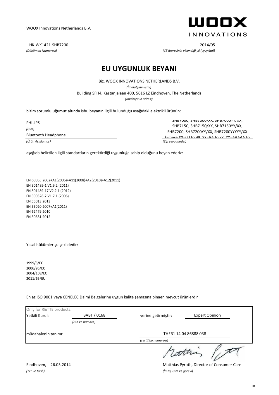 Eu uygunluk beyani | Philips Auriculares estéreo Bluetooth User Manual | Page 21 / 21