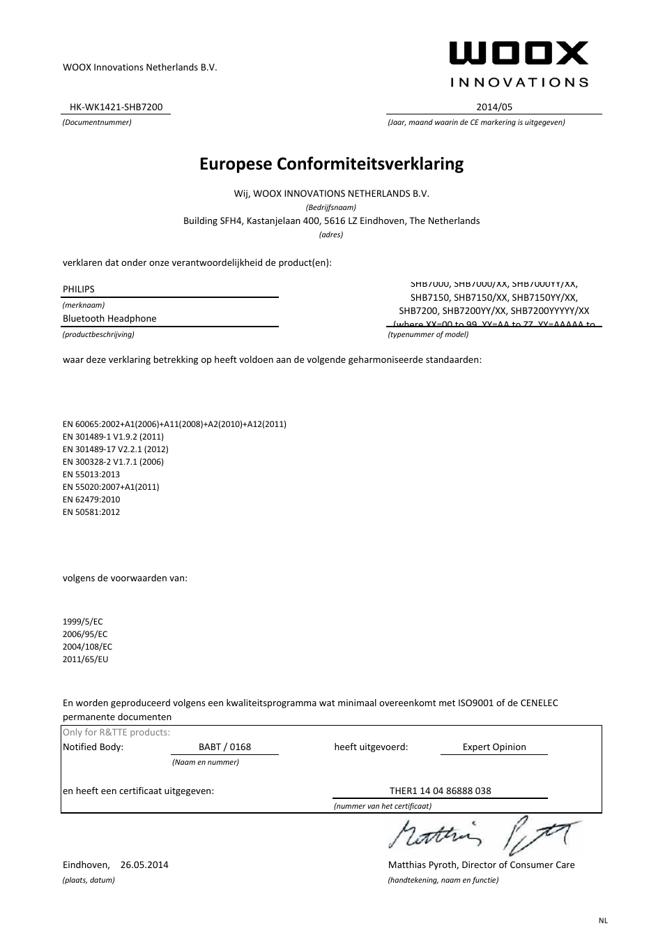 Europese conformiteitsverklaring | Philips Auriculares estéreo Bluetooth User Manual | Page 4 / 21