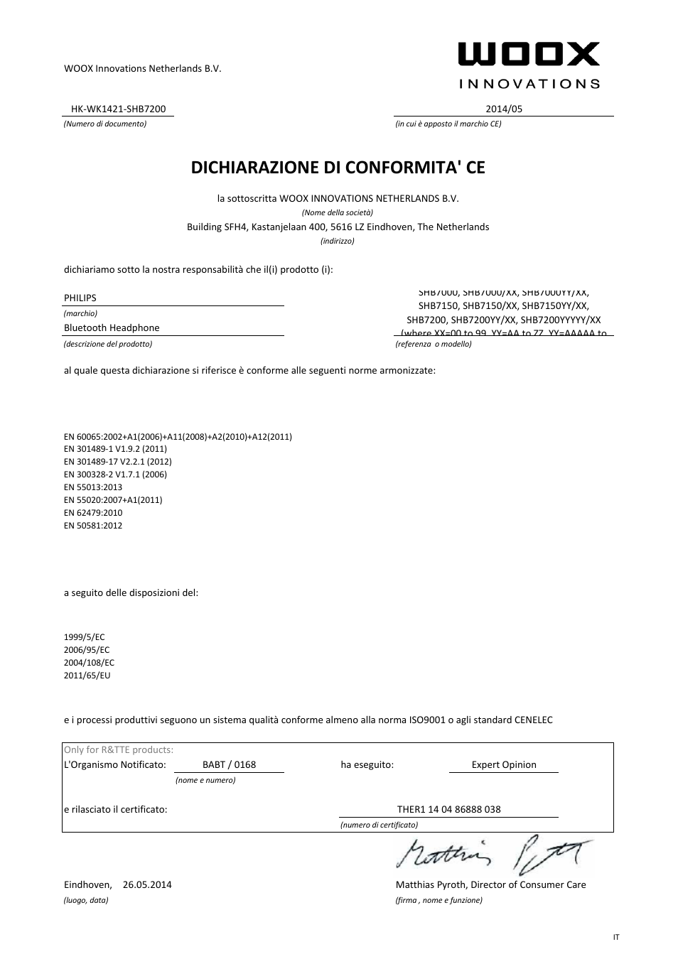 Dichiarazione di conformita' ce | Philips Auriculares estéreo Bluetooth User Manual | Page 9 / 21