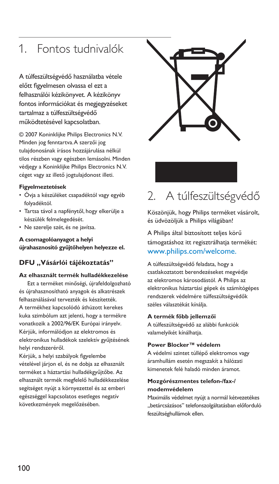 Fontos tudnivalók, A túlfeszültségvédő | Philips Protector de sobrevoltaje User Manual | Page 100 / 139