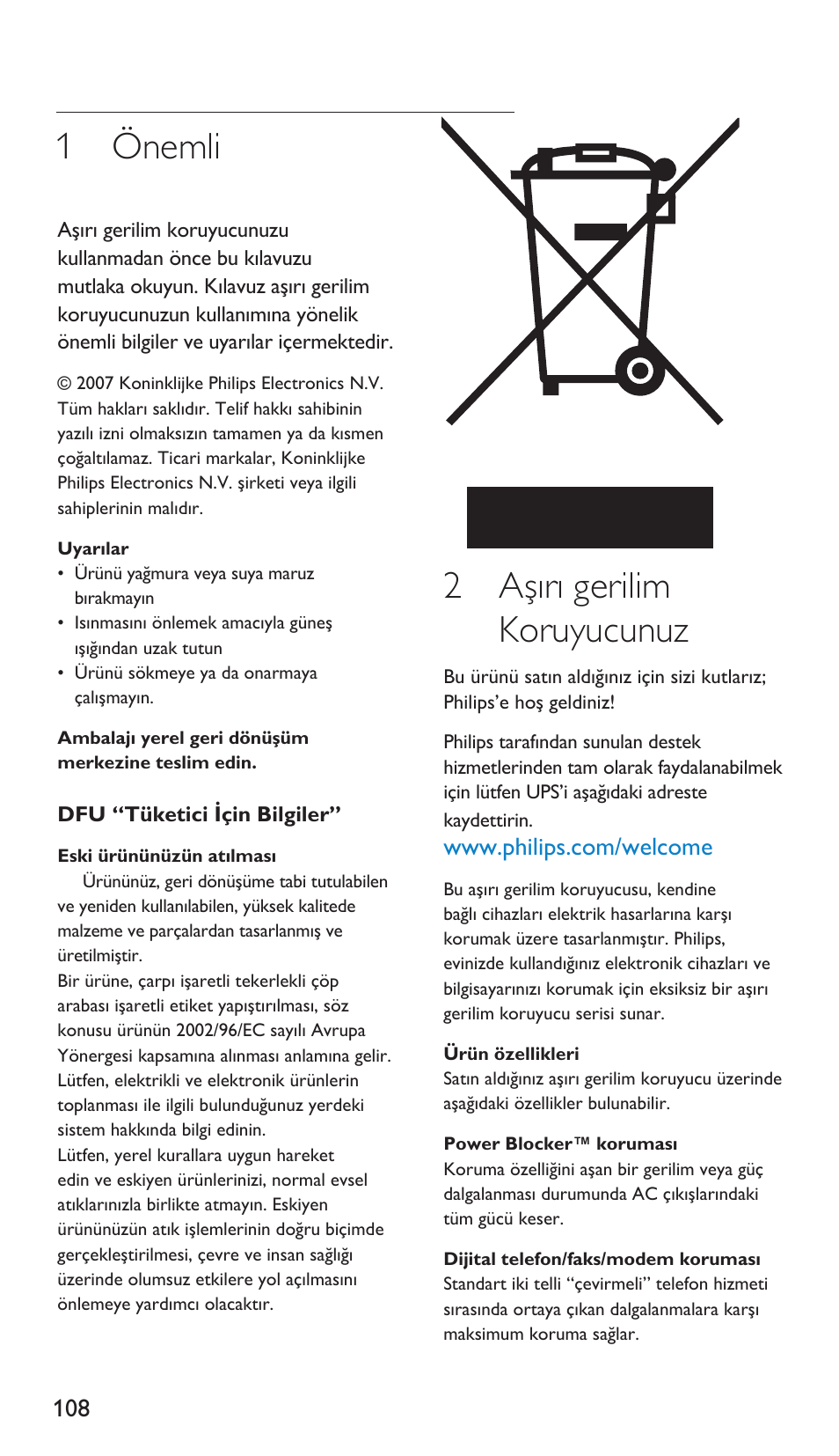 1 önemli, 2 aşırı gerilim koruyucunuz | Philips Protector de sobrevoltaje User Manual | Page 108 / 139