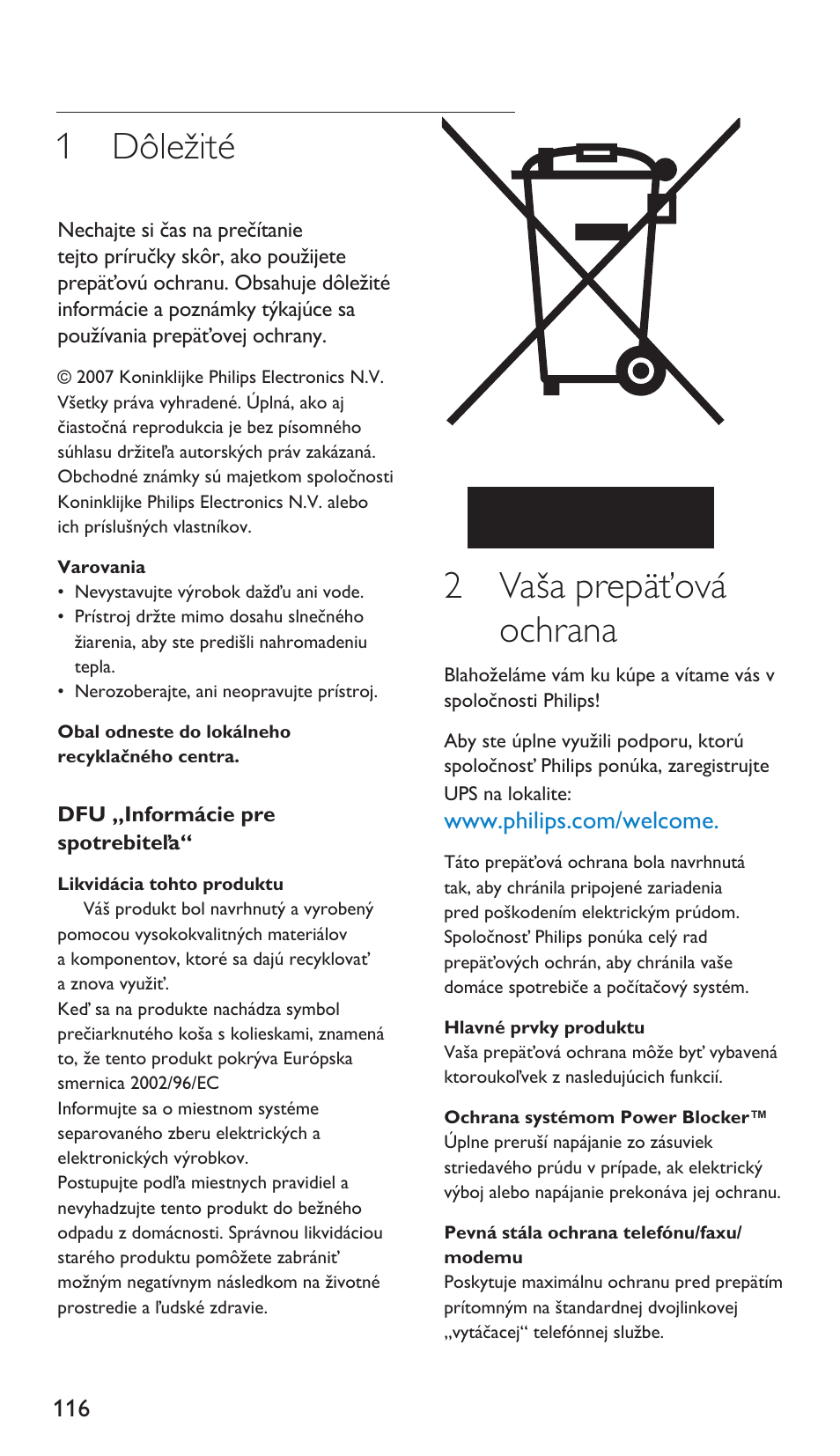 1 dôležité, 2 vaša prepäťová ochrana | Philips Protector de sobrevoltaje User Manual | Page 116 / 139