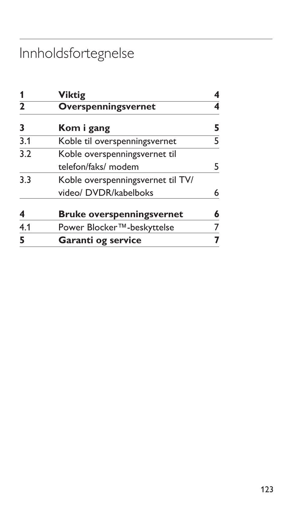 Innholdsfortegnelse | Philips Protector de sobrevoltaje User Manual | Page 123 / 139