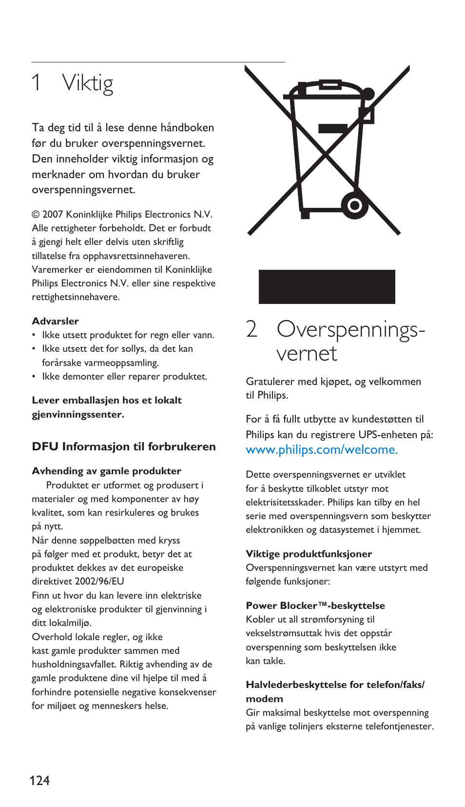 1 viktig, 2 overspennings- vernet | Philips Protector de sobrevoltaje User Manual | Page 124 / 139