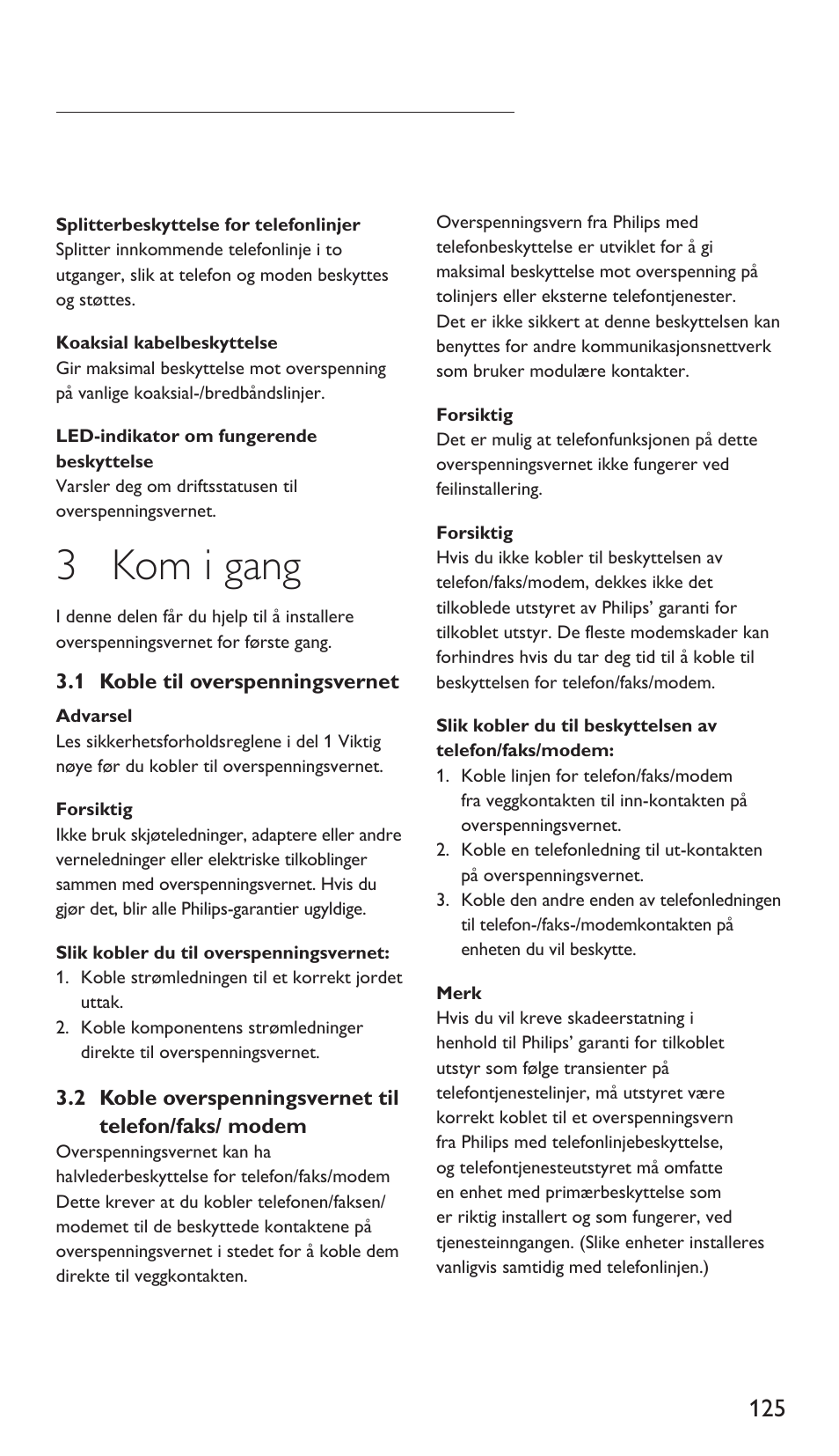 3 kom i gang | Philips Protector de sobrevoltaje User Manual | Page 125 / 139