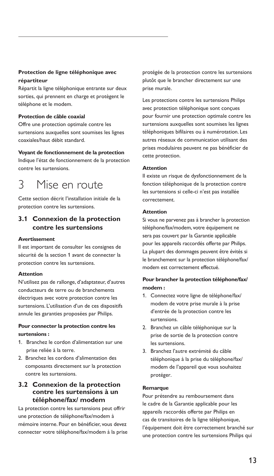 3 mise en route | Philips Protector de sobrevoltaje User Manual | Page 13 / 139