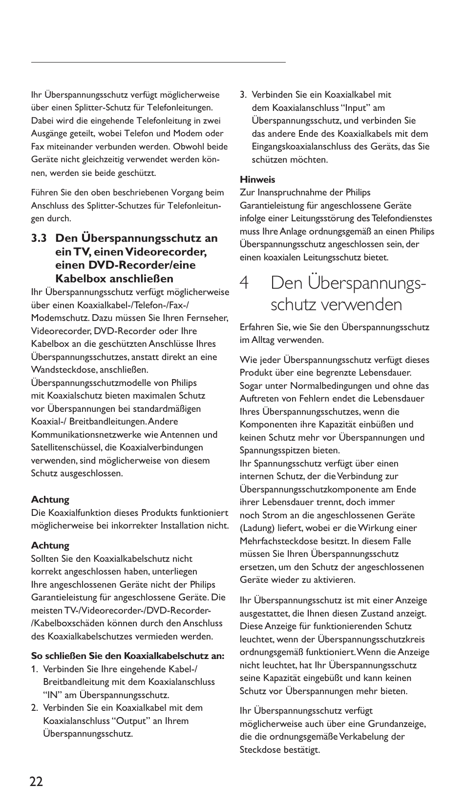 4 den überspannungs- schutz verwenden | Philips Protector de sobrevoltaje User Manual | Page 22 / 139