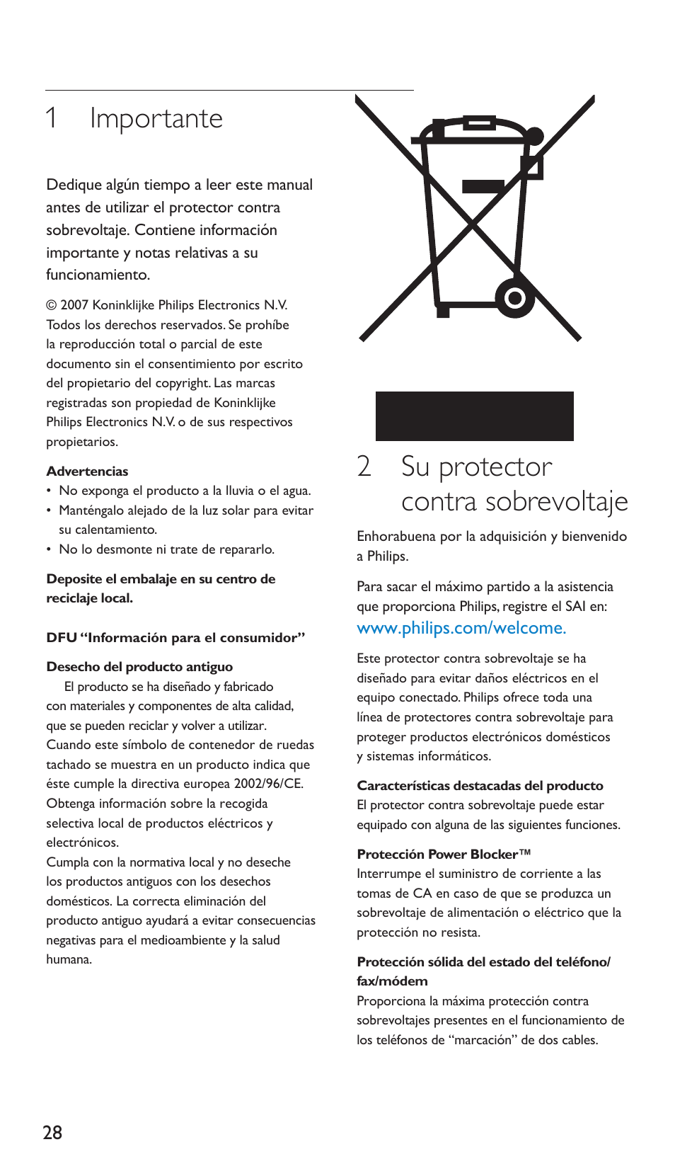 1 importante, 2 su protector contra sobrevoltaje | Philips Protector de sobrevoltaje User Manual | Page 28 / 139