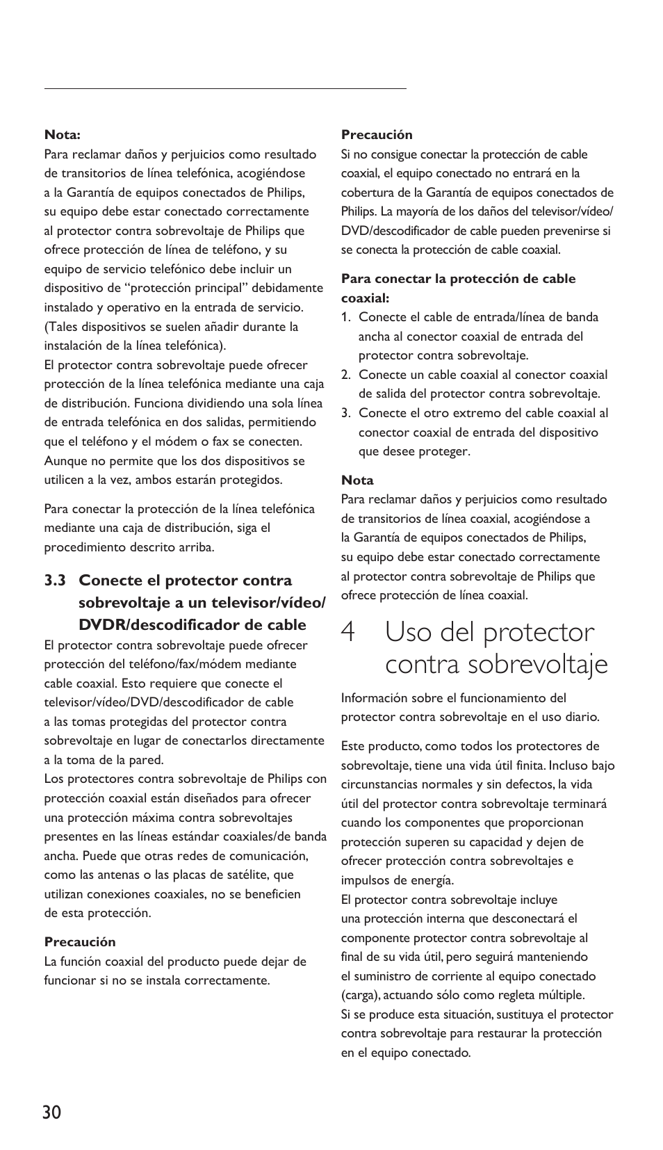 4 uso del protector contra sobrevoltaje | Philips Protector de sobrevoltaje User Manual | Page 30 / 139