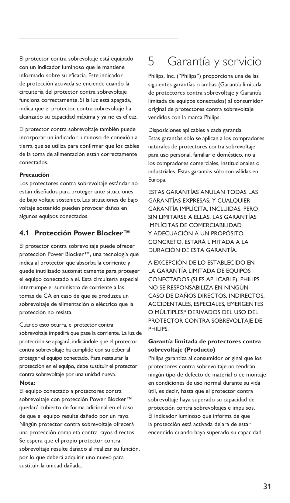 5 garantía y servicio | Philips Protector de sobrevoltaje User Manual | Page 31 / 139