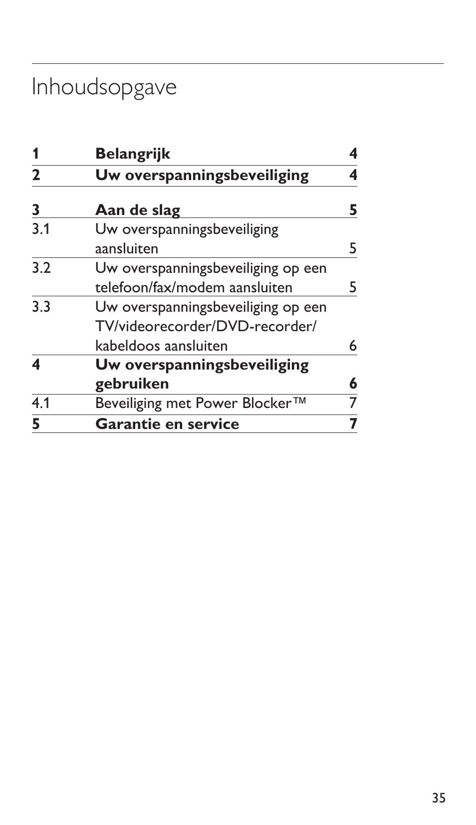 Inhoudsopgave | Philips Protector de sobrevoltaje User Manual | Page 35 / 139