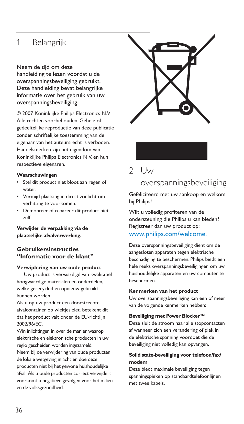 1 belangrijk, 2 uw overspanningsbeveiliging | Philips Protector de sobrevoltaje User Manual | Page 36 / 139