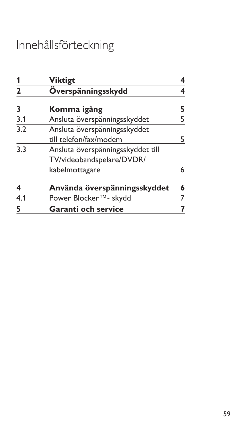 Innehållsförteckning | Philips Protector de sobrevoltaje User Manual | Page 59 / 139