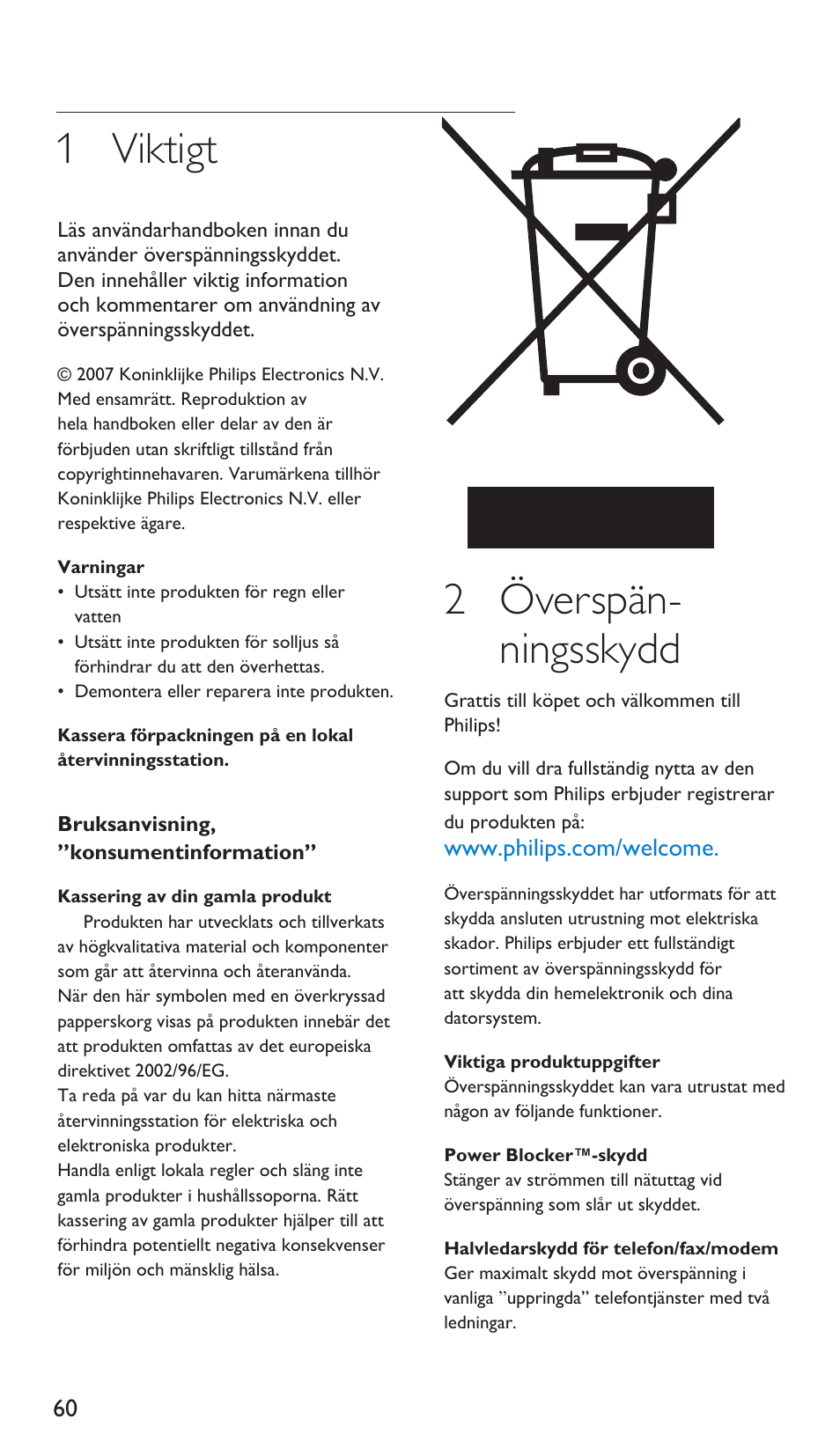 1 viktigt, 2 överspän- ningsskydd | Philips Protector de sobrevoltaje User Manual | Page 60 / 139