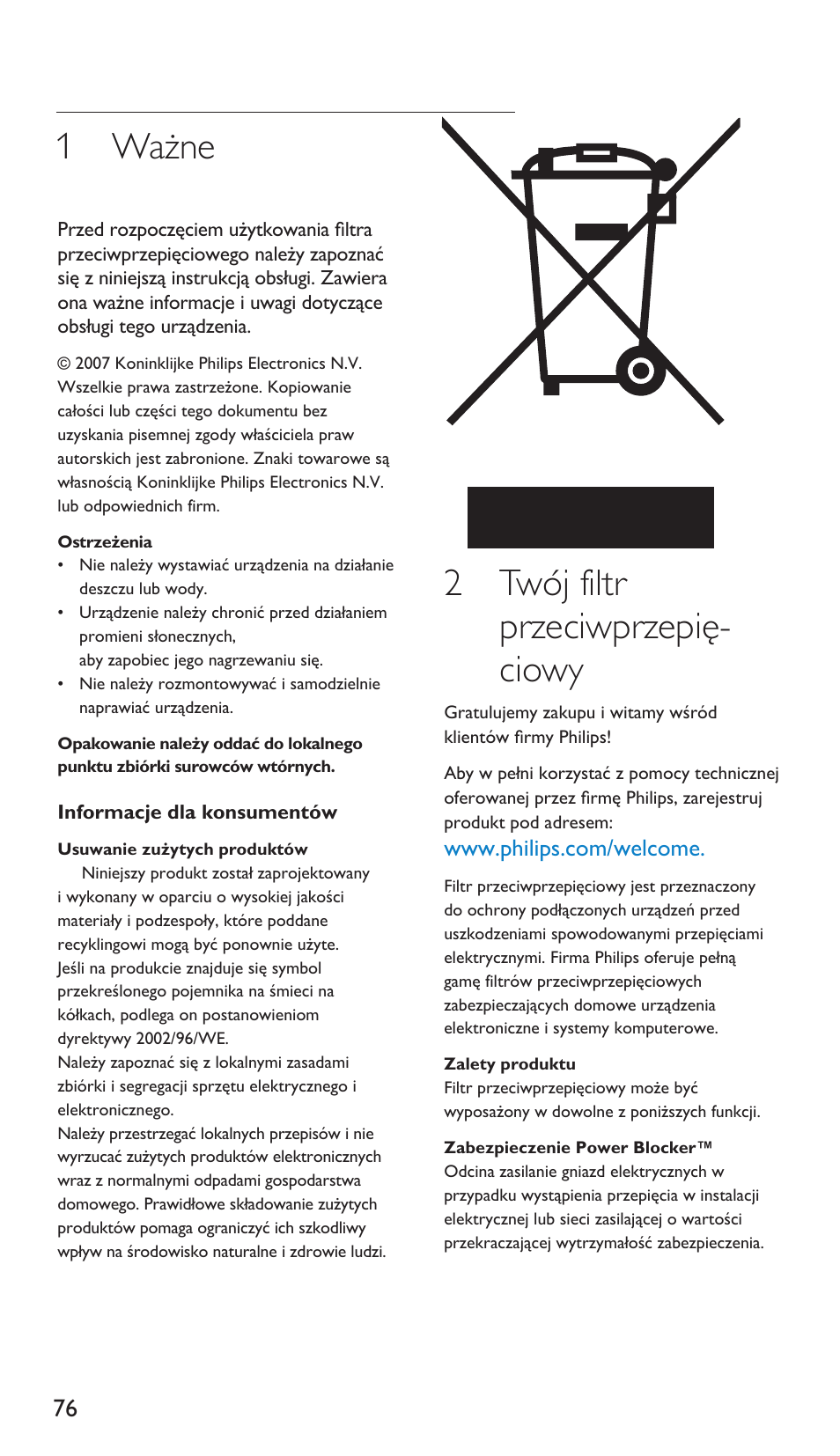 1 ważne, 2 twój filtr przeciwprzepię- ciowy | Philips Protector de sobrevoltaje User Manual | Page 76 / 139