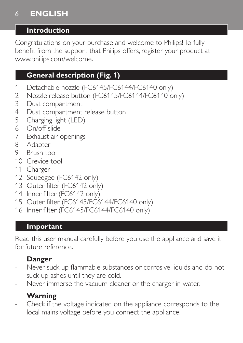 English, English 6 | Philips MiniVac Aspirador de mano User Manual | Page 6 / 136