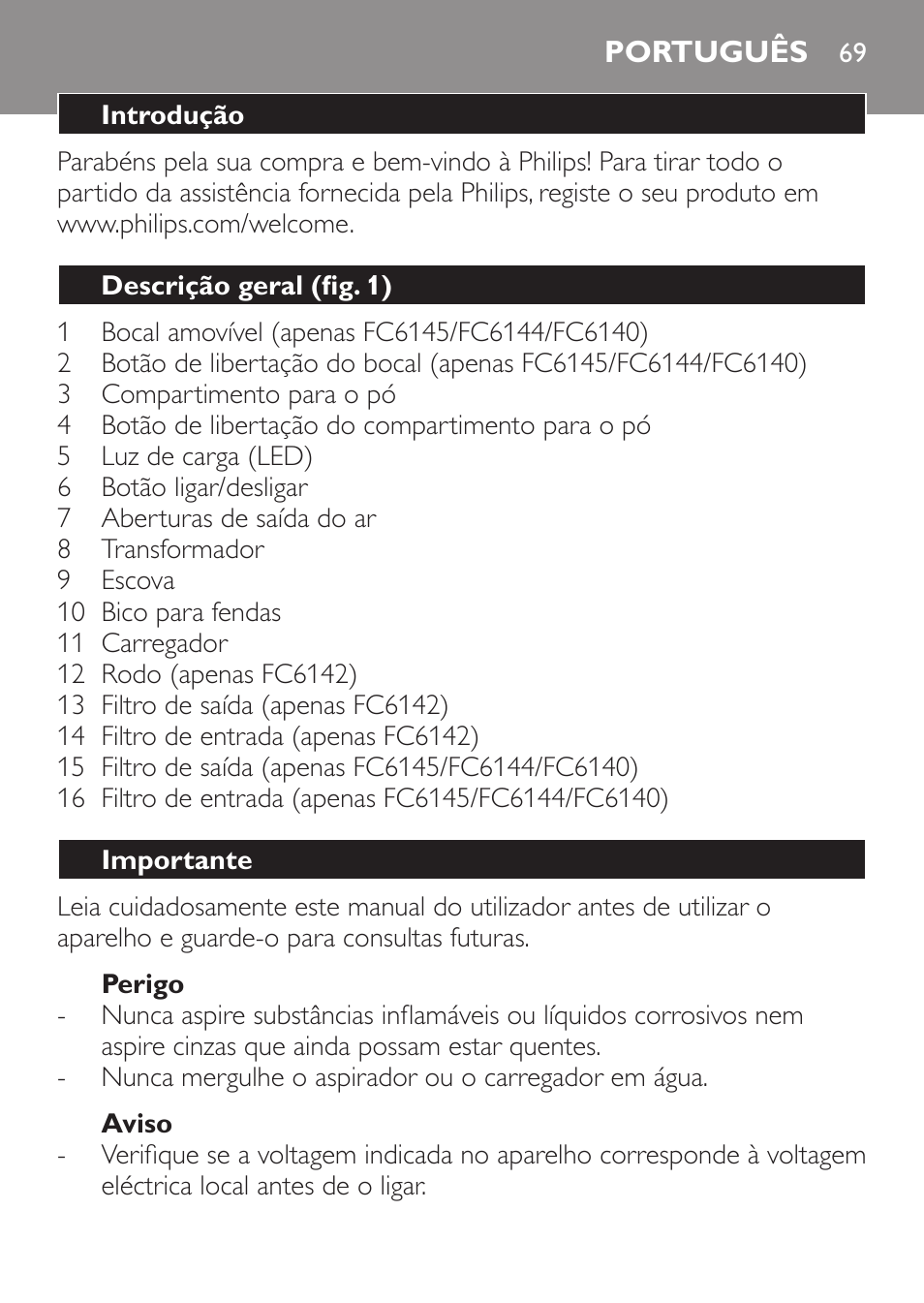 Português | Philips MiniVac Aspirador de mano User Manual | Page 69 / 136