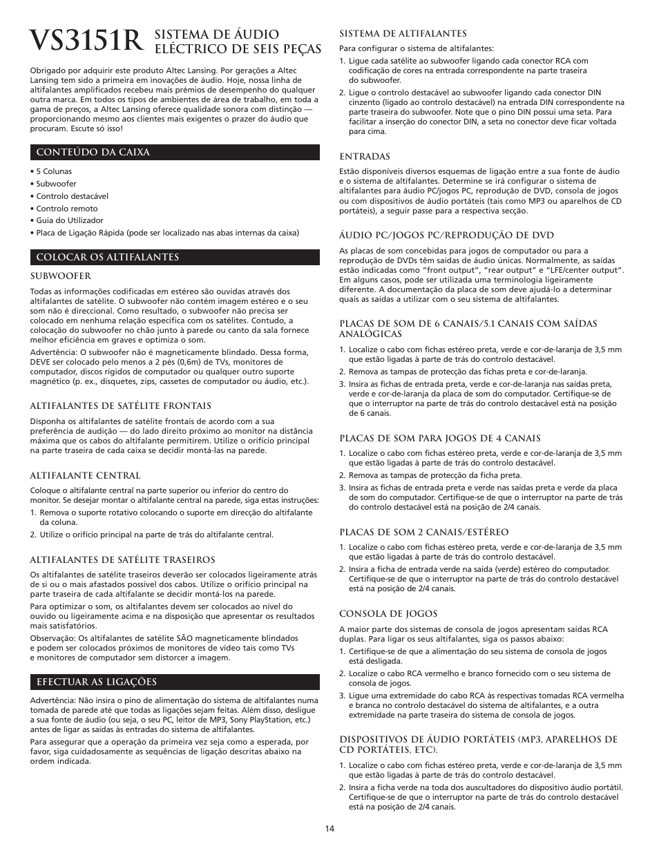 Vs3151r, Sistema de áudio eléctrico de seis peças | Altec Lansing VS3151R User Manual | Page 16 / 44