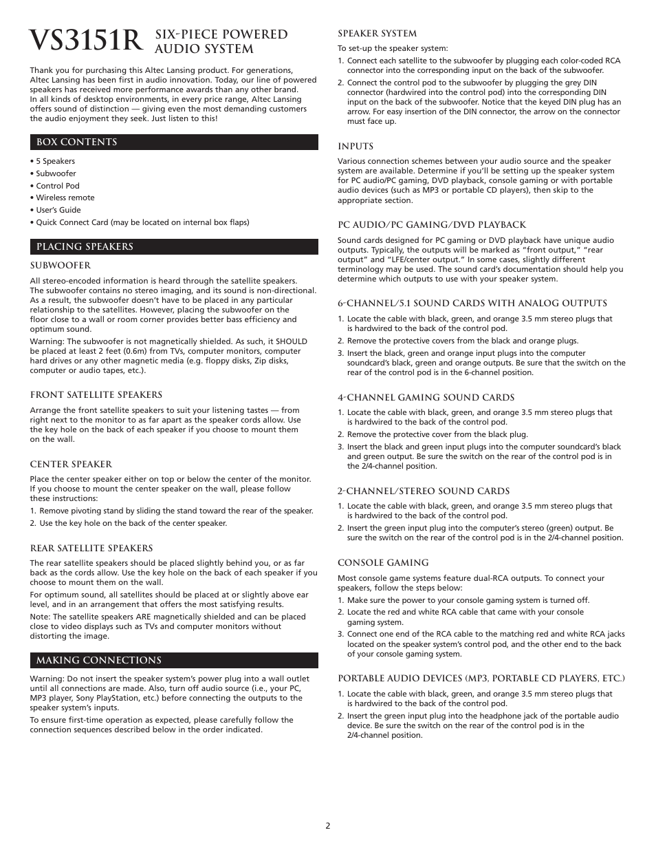 Vs3151r, Six-piece powered audio system | Altec Lansing VS3151R User Manual | Page 4 / 44